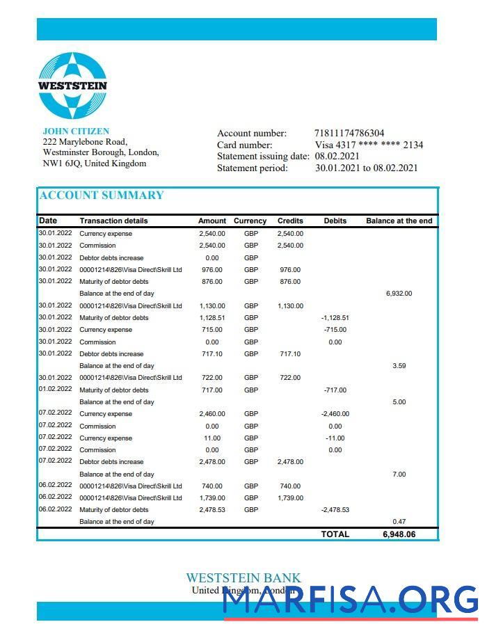 Blank United Kingdom Weststein bank statement excel download for verification